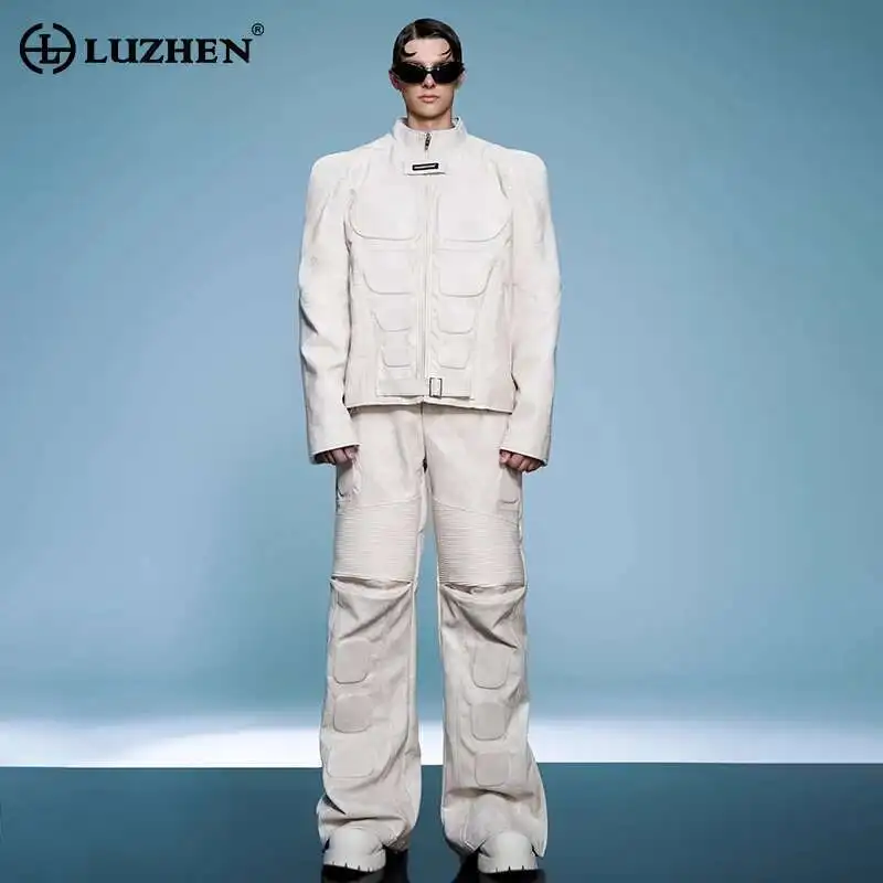 

LUZHEN оригинальный персонализированный тисненый дизайн, повседневная мужская куртка с подплечниками, новинка 2025, модные прямые брюки, однотонные LZ9351
