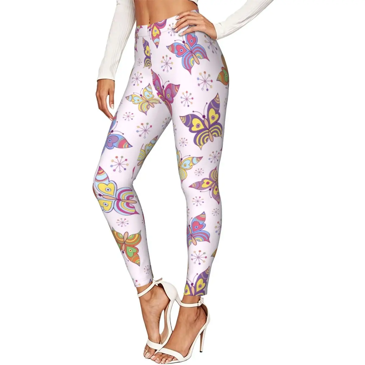 Colorful Butterflies Pink Background Women Leggings High Waisted Stretch Tights Workout Running Pants
