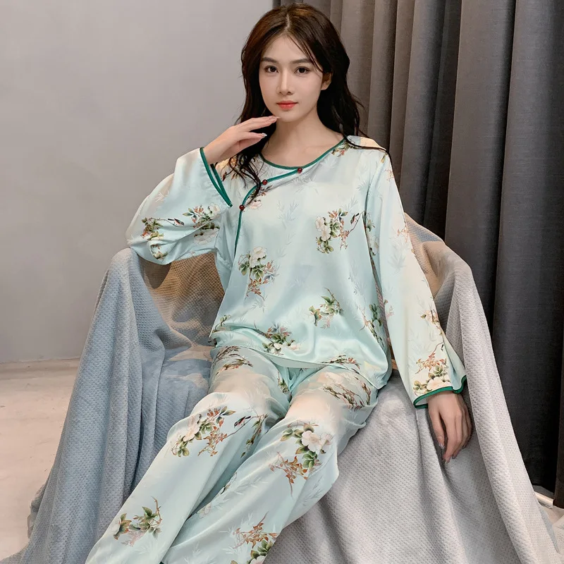 Women Casual Sleepwear Pajamas Set Satin Jacquard Print Nightwear 2Pcs Shirt&pants Home Wear Long Sleeve Outdoors Home Clothes