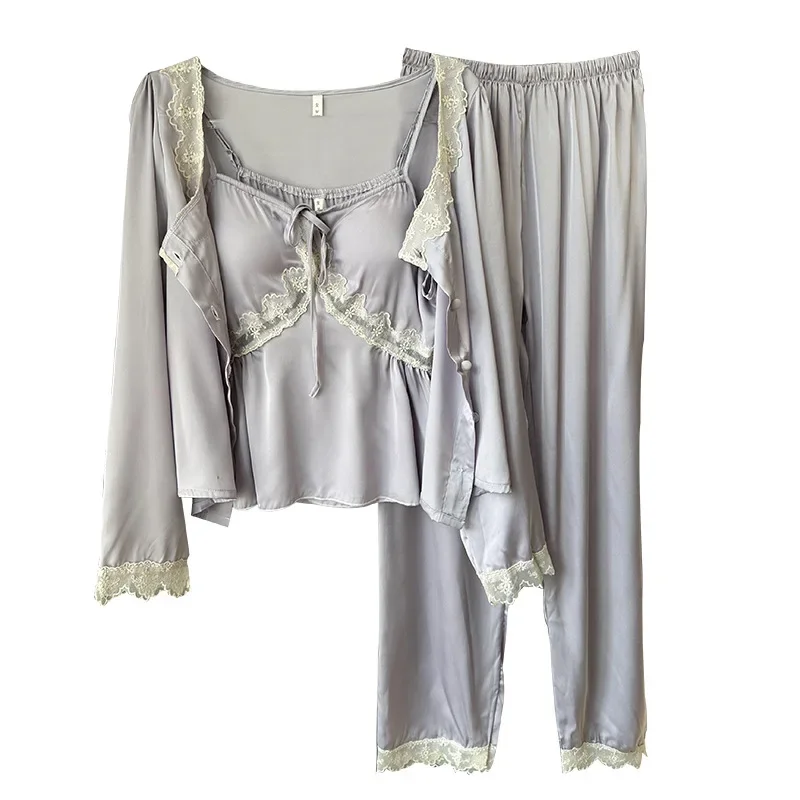 الجليد بيجامة من الحرير دعوى النساء ثلاث قطع كيمونو الدانتيل Homewear البشكير منامة مجموعة الصيف فام ملابس خاصة ملابس النوم