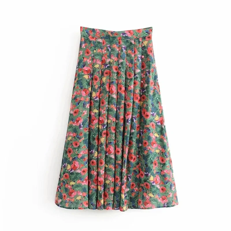 

Withered Ins Blogger England Vintage Floral Print Pleated Fork High Waists Skirt Women Faldas Mujer Moda 2022 Long Skirts Womens