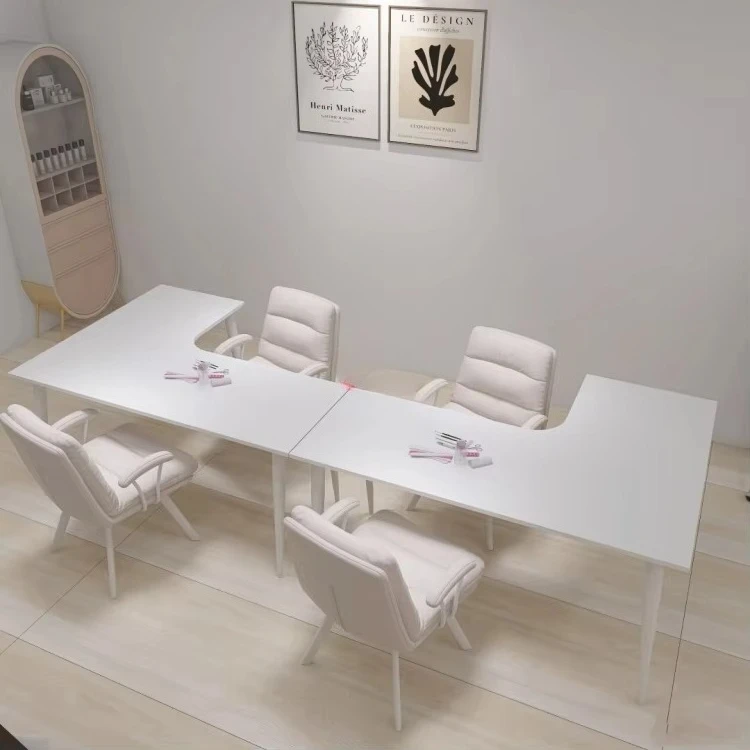 *Yicheng Beauty Minimalist Corner Nail Station White Faux-Wood Desk Single/Double Seater Nail Table for Sale