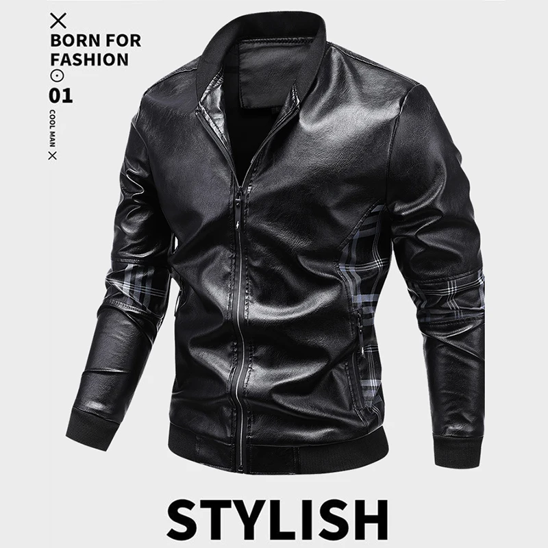 

2024 Motorcycle Pu Leather Jacket Men Side Plaid Spliced Leather Jackets Stand Collar Slim Fashion Motorbike Jacket Coats Winter