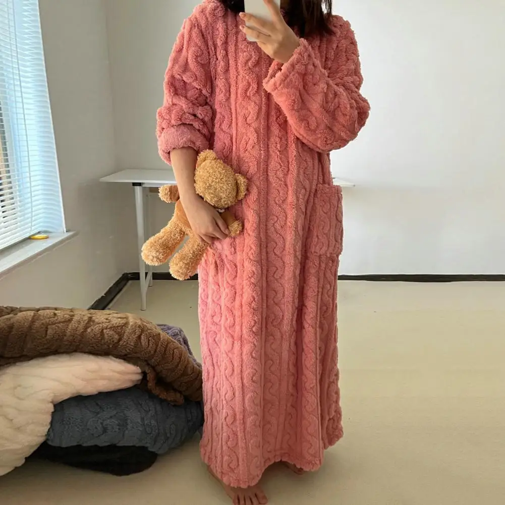 Coral Velvet Nightgown Thicken Velvet Ribbed Fleece Women Sleepdress Cozy Thermal Full Length Nightdress Flannel Loung Homewear