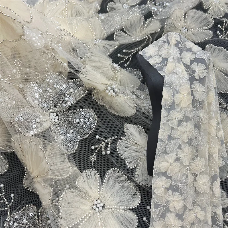 

2Yards luxury apricot sequin 3D floral bead embroidery lace tulle fabric for women's dresses wedding gowns evening dresses