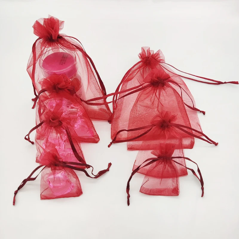 100pcs Organza Wine Red Burgundy Gift Bags Organza Pouch Bag Drawstring Pouch Gift Bag for Jewelry Storage Packaging Sachet Bags