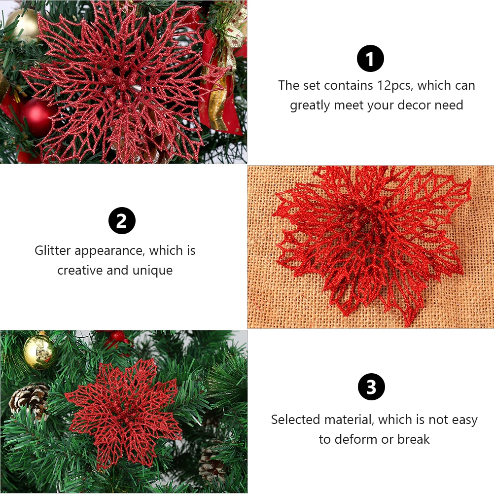 

12Pcs Christmas Flowers Pendant Glitter Flower Decor Creative Unique Selected Material Festival Party Adornment