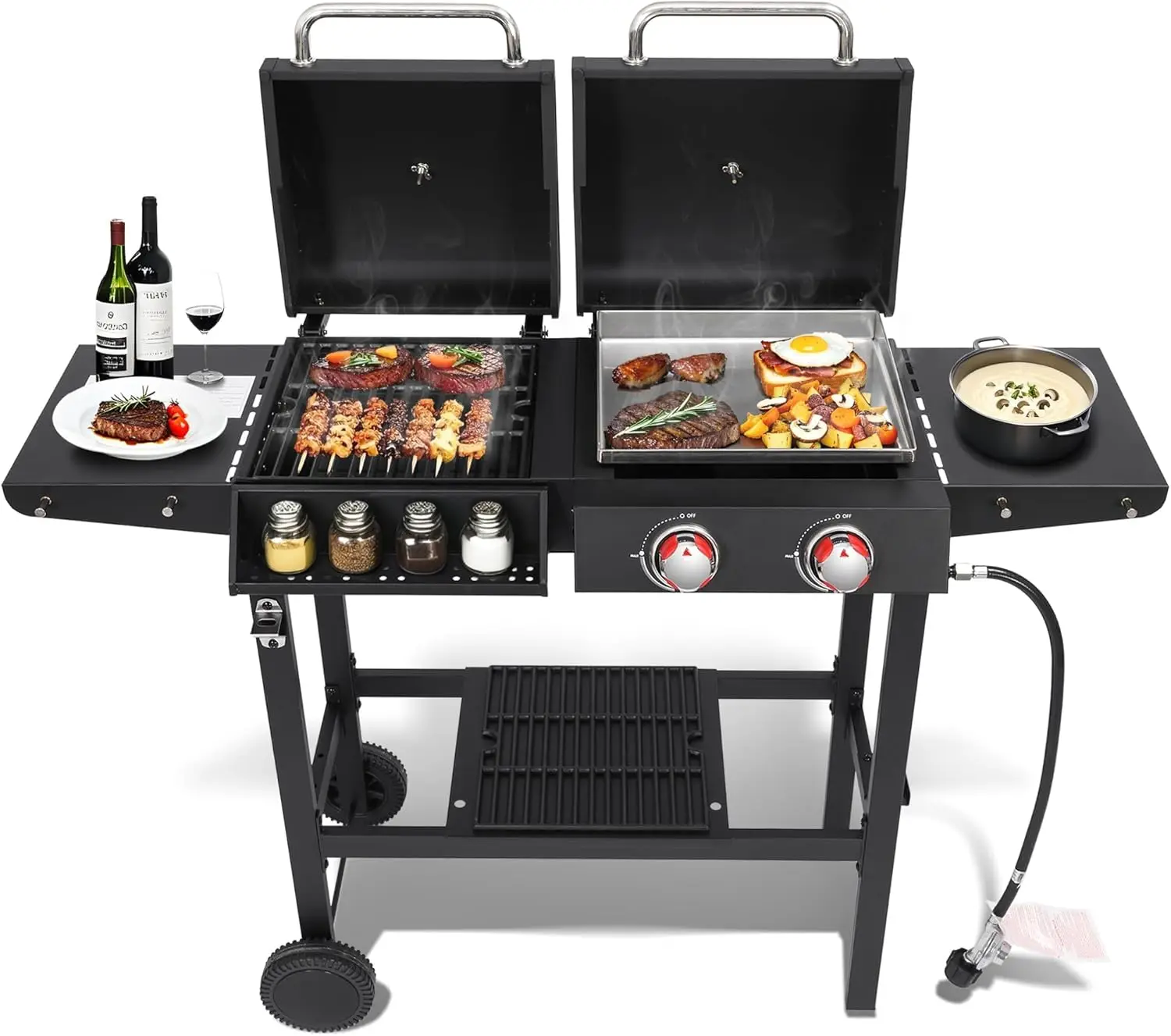 Cast Iron Grates & Stainless Steel Griddle, 2-Burner Propane, Gas/Charcoal Combo, Portable Outdoor BBQ, Easy Clean