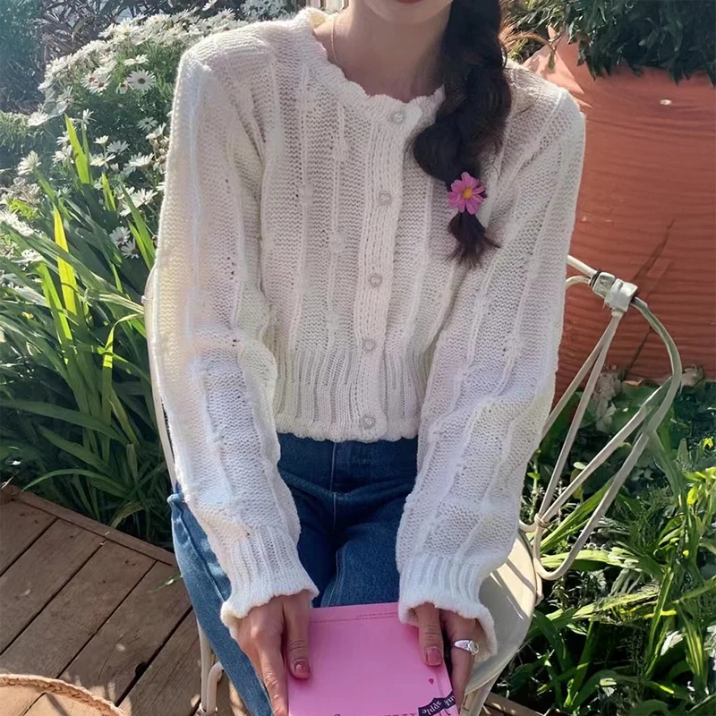 

Милый укороченный кардиган для женщин, ажурный ажурный вязаный свитер на пуговицах, куртка для девочек-подростков, весенне-осенний сказочный наряд