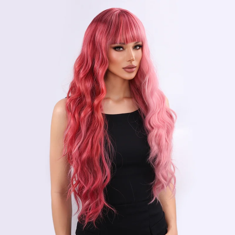 European and American style with pink gradient, straight bangs, large waves, long curly hair, full head wig - view 4