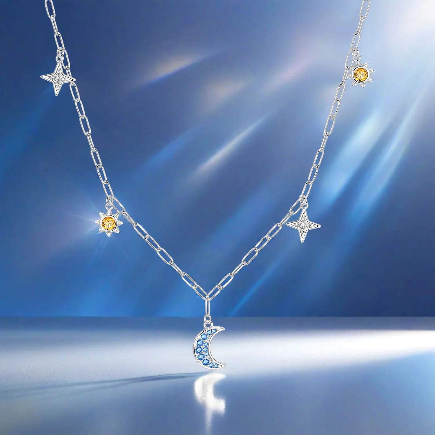 Orstarry S925 Sterling Silber Stern Blauer Mond Sonne Halskette für Frauen Geburtstag Originelle Geschenke Mode Feiner Schmuck – Detail 4