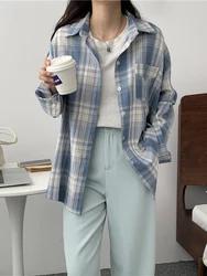 Zoki Korean Oversize Loose Women Plaid Shirt Harajuku Long Sleeve Bf Casual Blouse Spring Female Fashion Turn Down Collar Tops