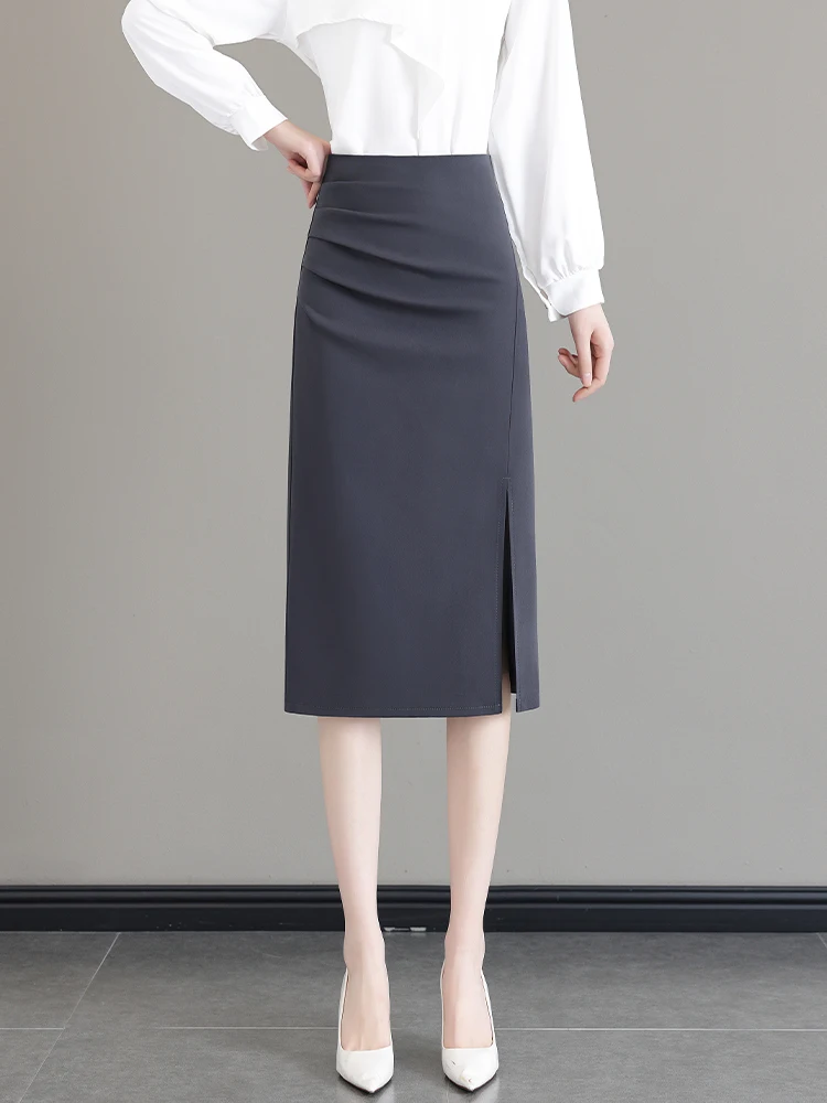 

Серая юбка миди с высокой талией для женщин, новая коллекция весна-лето, профессиональный стиль, с разрезом, облегающая, в корейском стиле, прямого кроя.