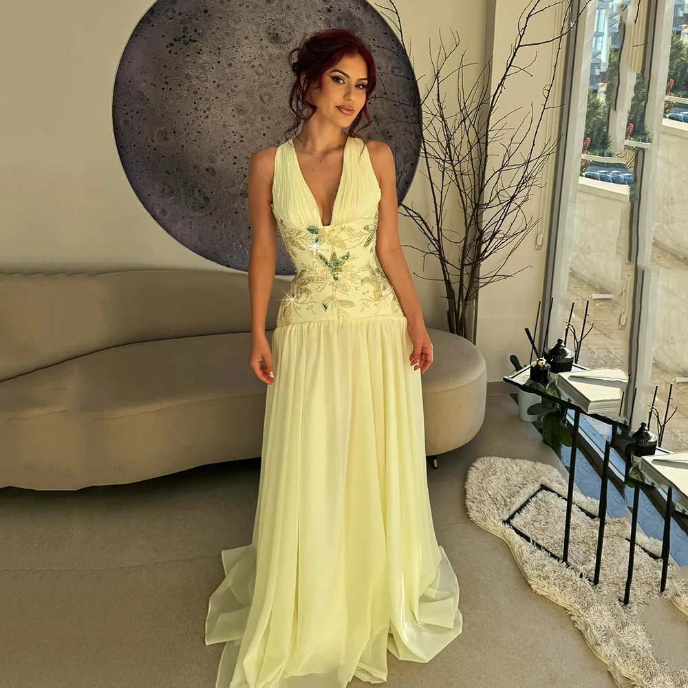 

Msikoods Yellow Beaded Evening Dresses Sexy Deep V Neck Formal Occasion Dress Sleeveless Luxury Embroidery Prom Dress Customized