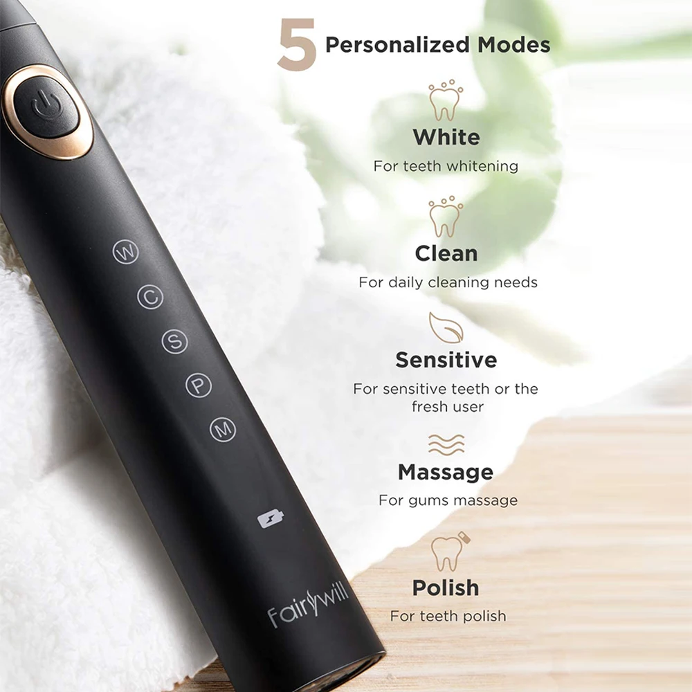 Fairywill Electric Toothbrushes for Adults Kids 5 Modes Smart Timer Rechargeable Whitening Sonic Toothbrush with 10 Brush Heads image 5