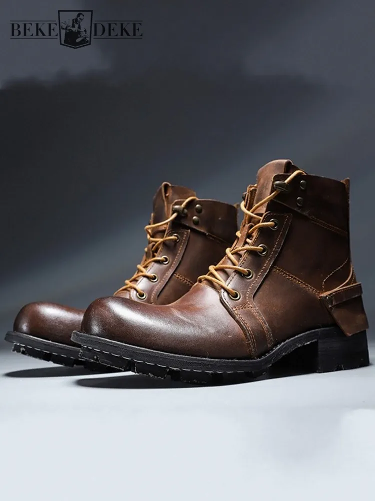Men Womens Genuine Leather Horsehide Round Toe Lace-Up Boots Hard Wearing Mid Heel  Comfortable High Top Shoes Motorcycle Riding