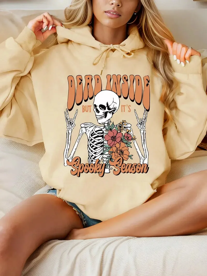 Skull Pattern Long Sleeved Spring And Autumn Hoodie Halloween Round Neck Women's Cross-Border Warm Horror Pattern TopMC11