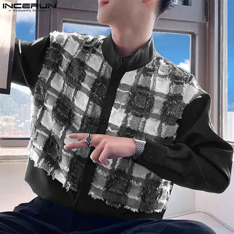 INCERUN Tops 2024 Korean Style Men Tassel Jacquard Patchwork Design Shirt Leisure Simple Long Sleeved Standing Neck Blouse S-5XL