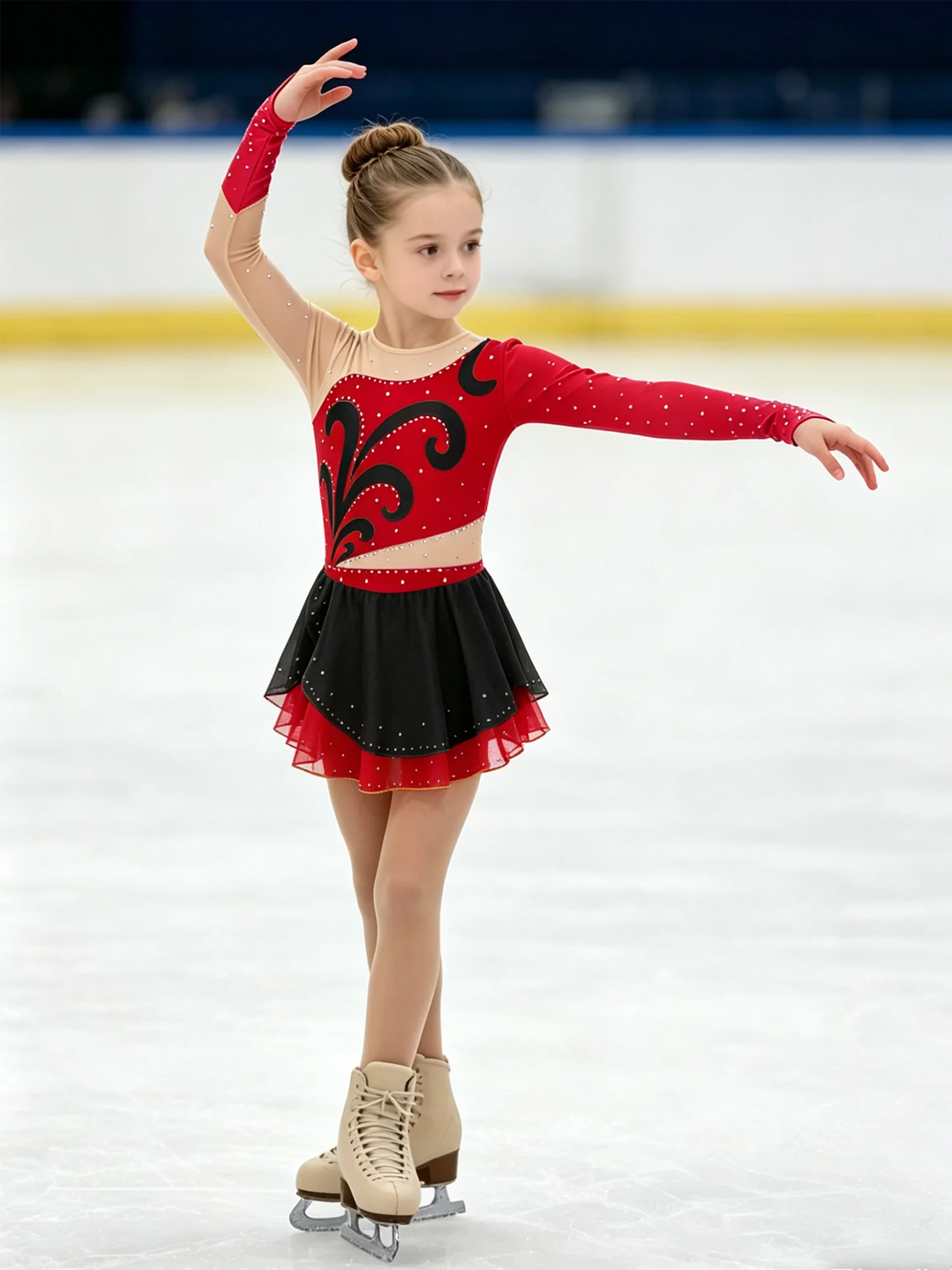 Girls Figure Skating Dress Shiny Rhinestones Ballet Dance Artistic Gymnastic Performance Costume Long Sleeves Mesh Tutu Leotard