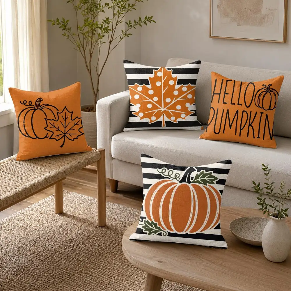 Happy Fall Hello Pumpkin Cushion Cover Organic Linen Throw Pillow Cover - Double-Sided Print Breathable Cushion Case Home Decor