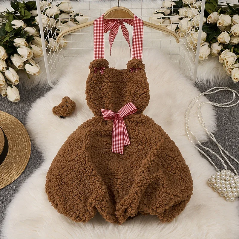 

Plush Teddy Bear Cosplay Uniform Backless Hollow Halter Dress Slim Fit Polka Dot Bow Sleeping Dress Lingerie Pajamas Nightwear