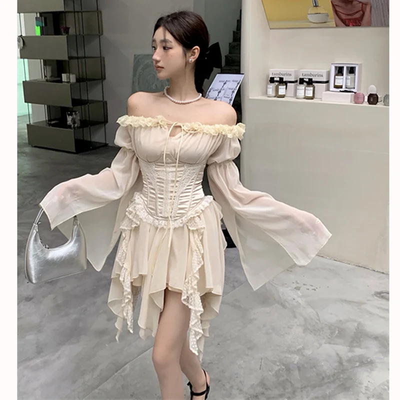 Roriri doce fora do ombro uma peça mini vestido feminino elegante sexy magro roupas de festa irregular coreano chique espartilho vestido de fadas