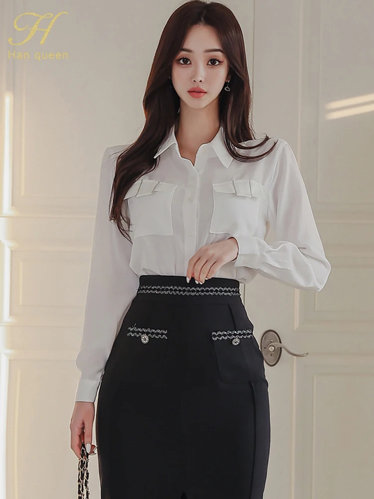 H Han Queen 2024 Spring Skirt Set Women\'s Elegant Korean Long Sleeve Shirts + Pencil Skirt Casual Party Two Piece Set For Women