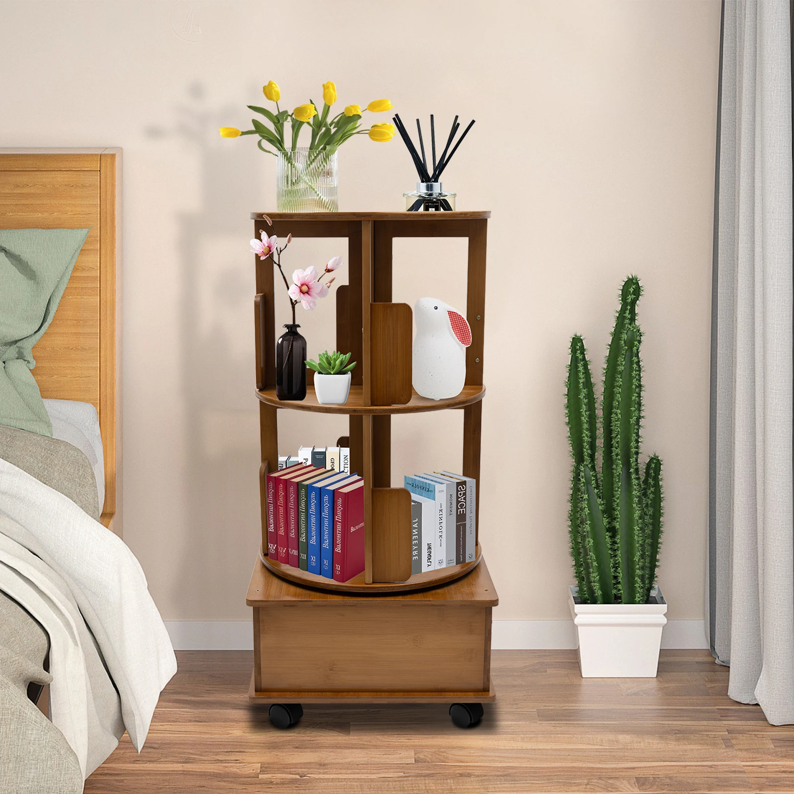 Multi Storage Table Bamboo Night Table Side Table With Rolling Wheels Removable Swivel Bookcase for Bedroom/Living Room