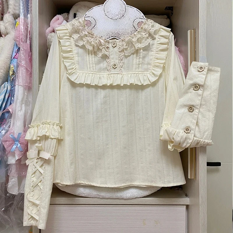 Women Vintage Cute Lace Ruffles Shirts Victorian Girls Gigot Sleeve Japanese Sweet Lolita Blouses Kawaii Loose Tops Blusas Mujer