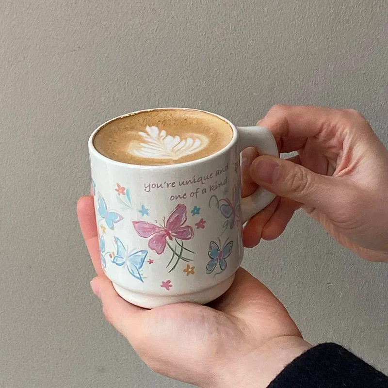 Painted Butterfly Ceramic Cups with Lines,340ml Hand-painted Flower Coffee Mugs, Breakfast Milk Mug,Birthday Gift Couple Tea Cup