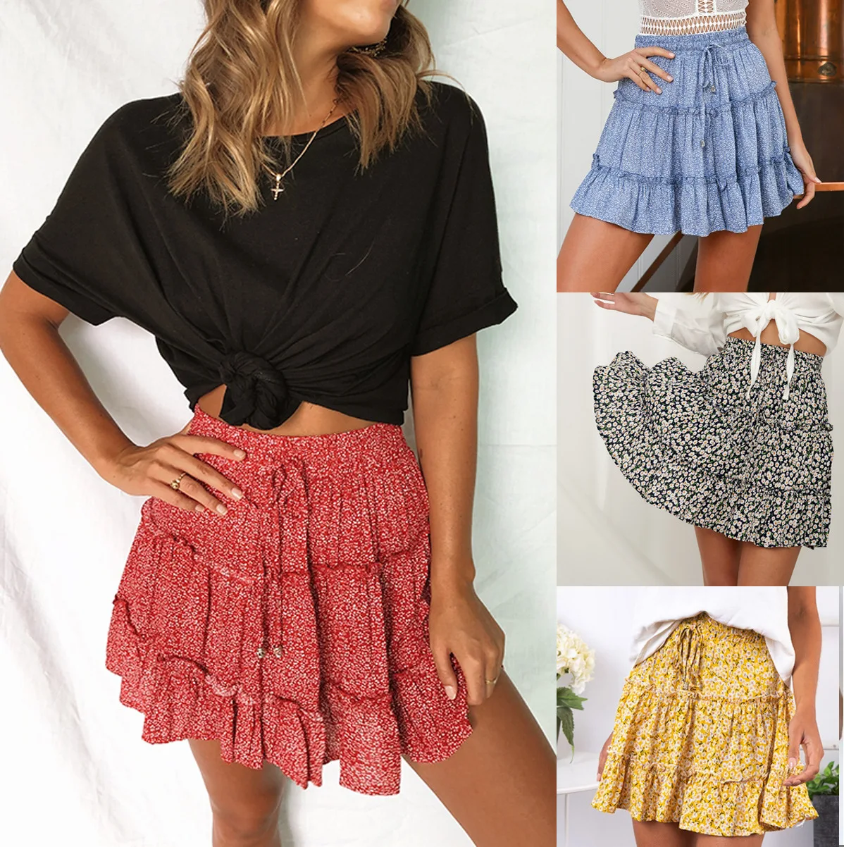 

2025 summer women's clothing high waist ruffle edge floral skirt printed beach A-word skirt