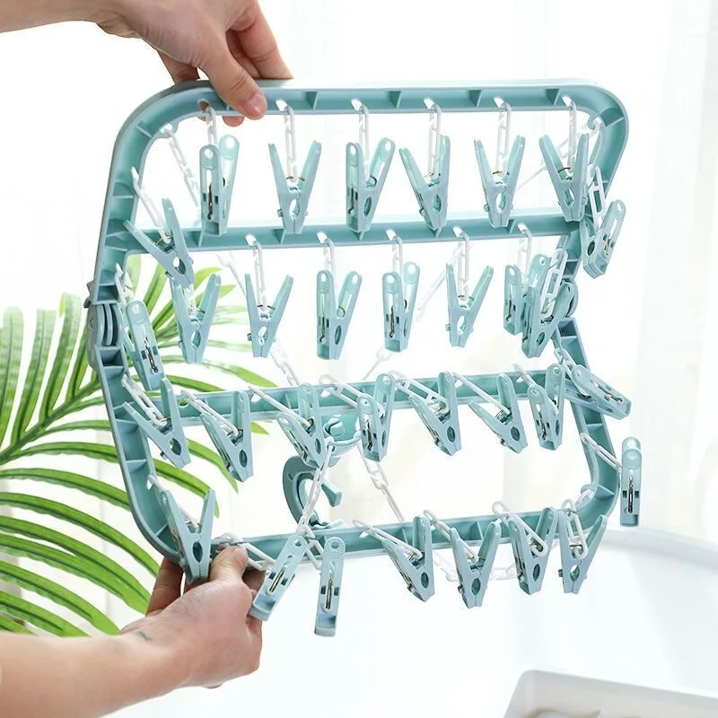 Home Folding Clothes Rack With 32 Clips Adult And Children's Towels Underwear Socks Baby Multi-functional Drying Rack Portable