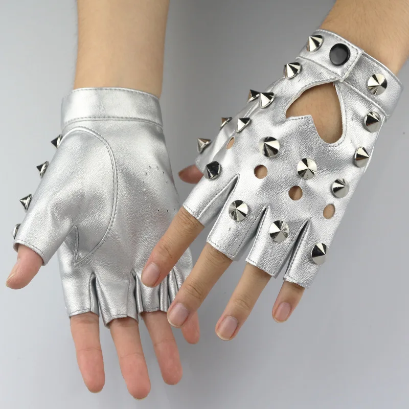 Punk DS Metal Leather Gloves Female Half Finger Spice Girls Function JK Baring Fingers Lo Personality Cool Tip Rivet PU