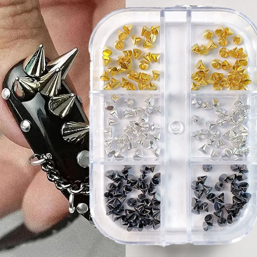 150PCS=6Grid Punk Metal Rivet Nail Charms 3 sizes(1.5/2/3mm）Black Silver Gold Nail Art Studs 3D Alloy Goth Mini Nail Rivets Bead