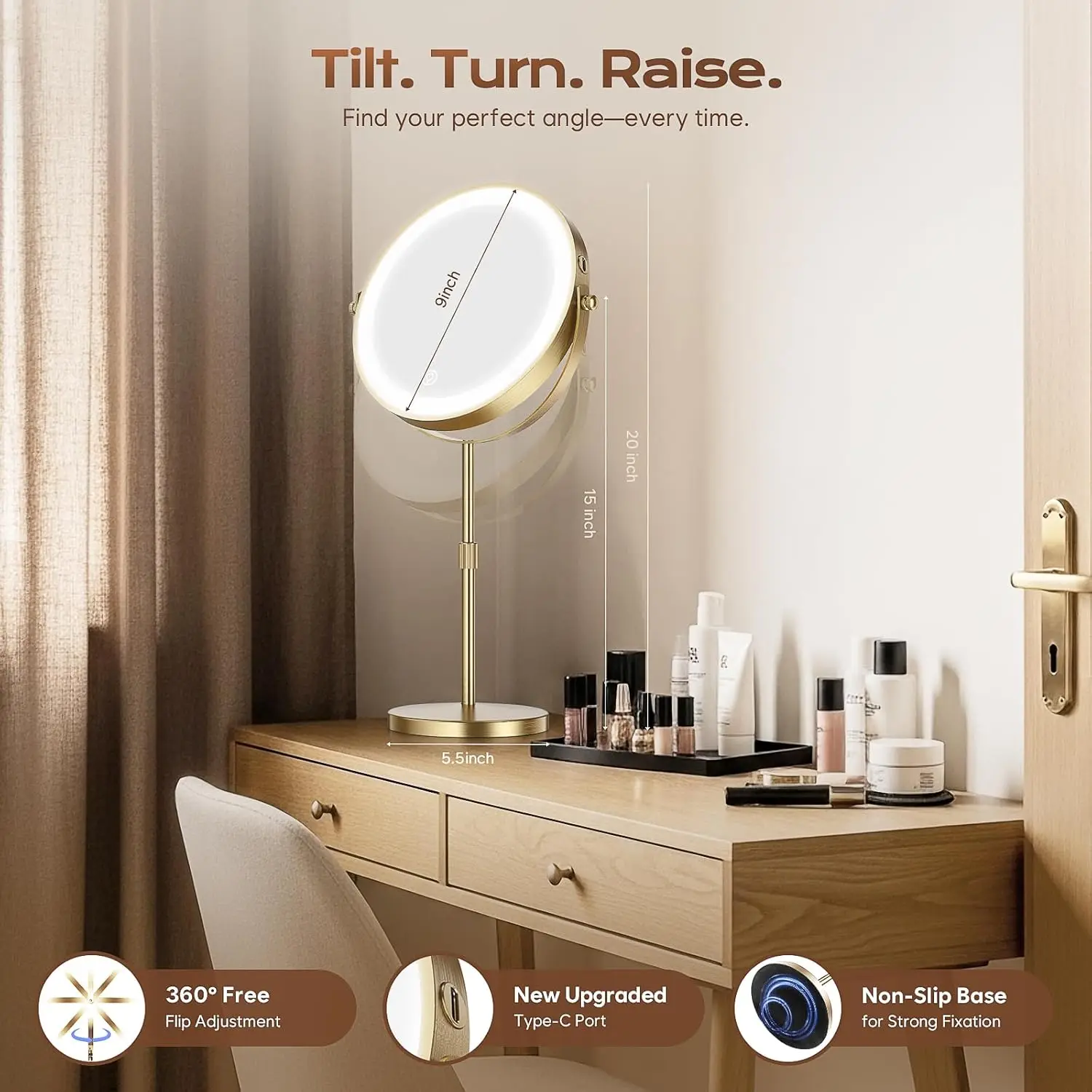 充電式LEDメイクアップミラー、3色の照明、1倍/20倍拡大、360度回転 °   回転、明るさ調整可能