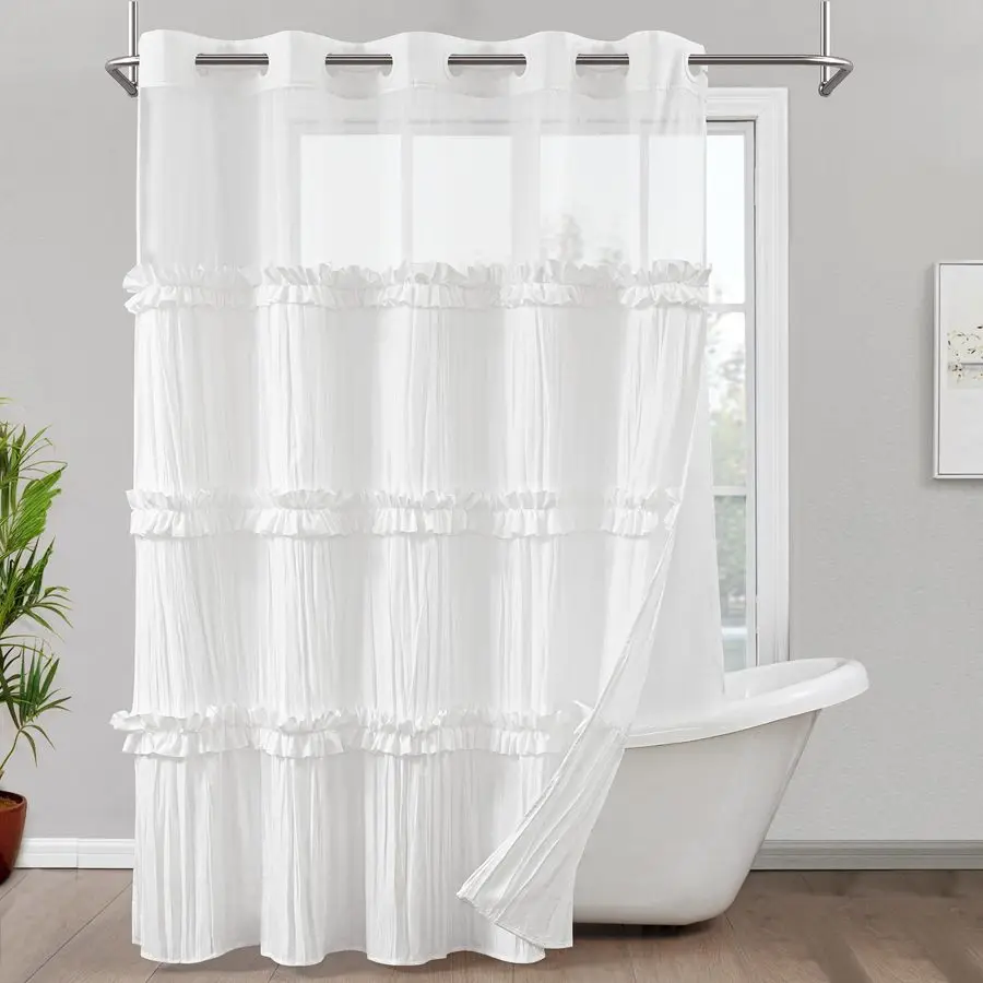 

No Hook Ruffle Shower Curtain with Snap in Fabric Liner Set, Ruched Vintage Farmhouse Shower Curtain for Bathroom with See Throu
