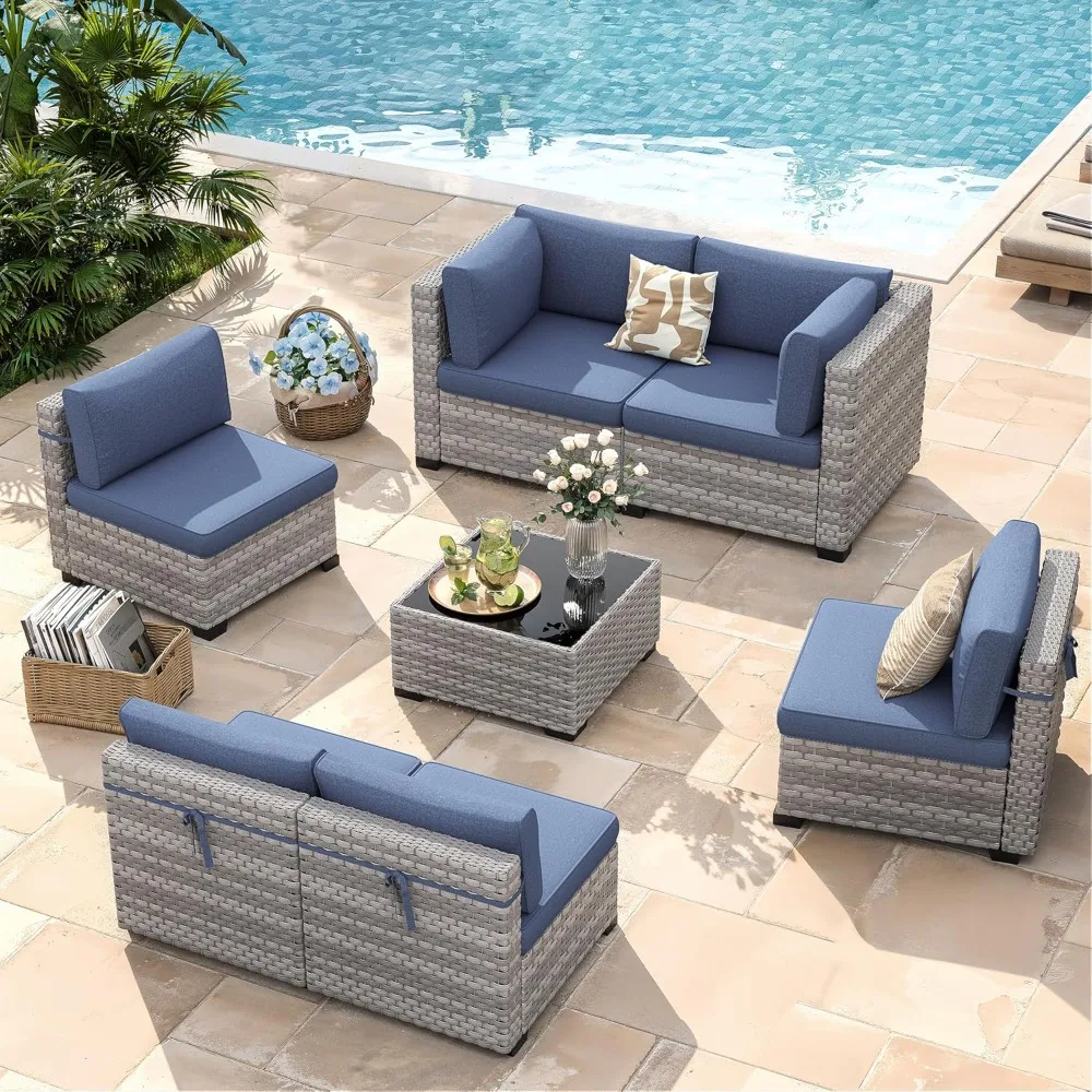

6-Seat Modular Patio Furniture Set – Outdoor Wicker Sectional Sofa with Thick 4″ Cushions, Dual-Strand PE Rattan.