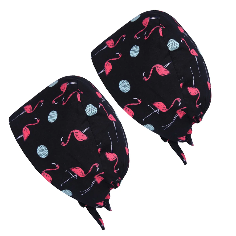 2pcs Cotton Creative Working Cotton Working Hat Flamingo Pattern Hat (Black + Red) printed cap printed cotton cap