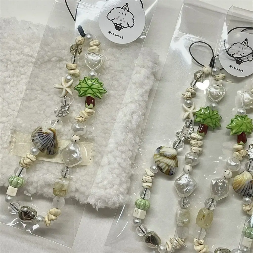 Beach Starfish Coconut Phone Chain Acrylic Beaded Phone Charm Beaded Phone Strap Handmade Anti-Lost Smartphone Lanyard Camera