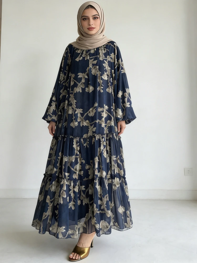 Eid Stampa floreale Abito a trapezio Chiffon Donna Abaya Abiti Largo Dubai Caftano Arabo Abito lungo Ramadan Marocco Abiti Jalabiya