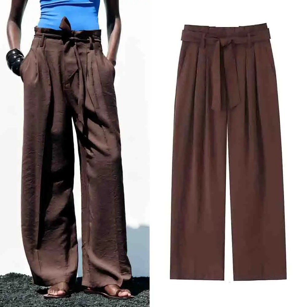 

Women's 2025 New Fashion with Belt loose side pockets casual pleated wide leg pants retro high waisted women's pants