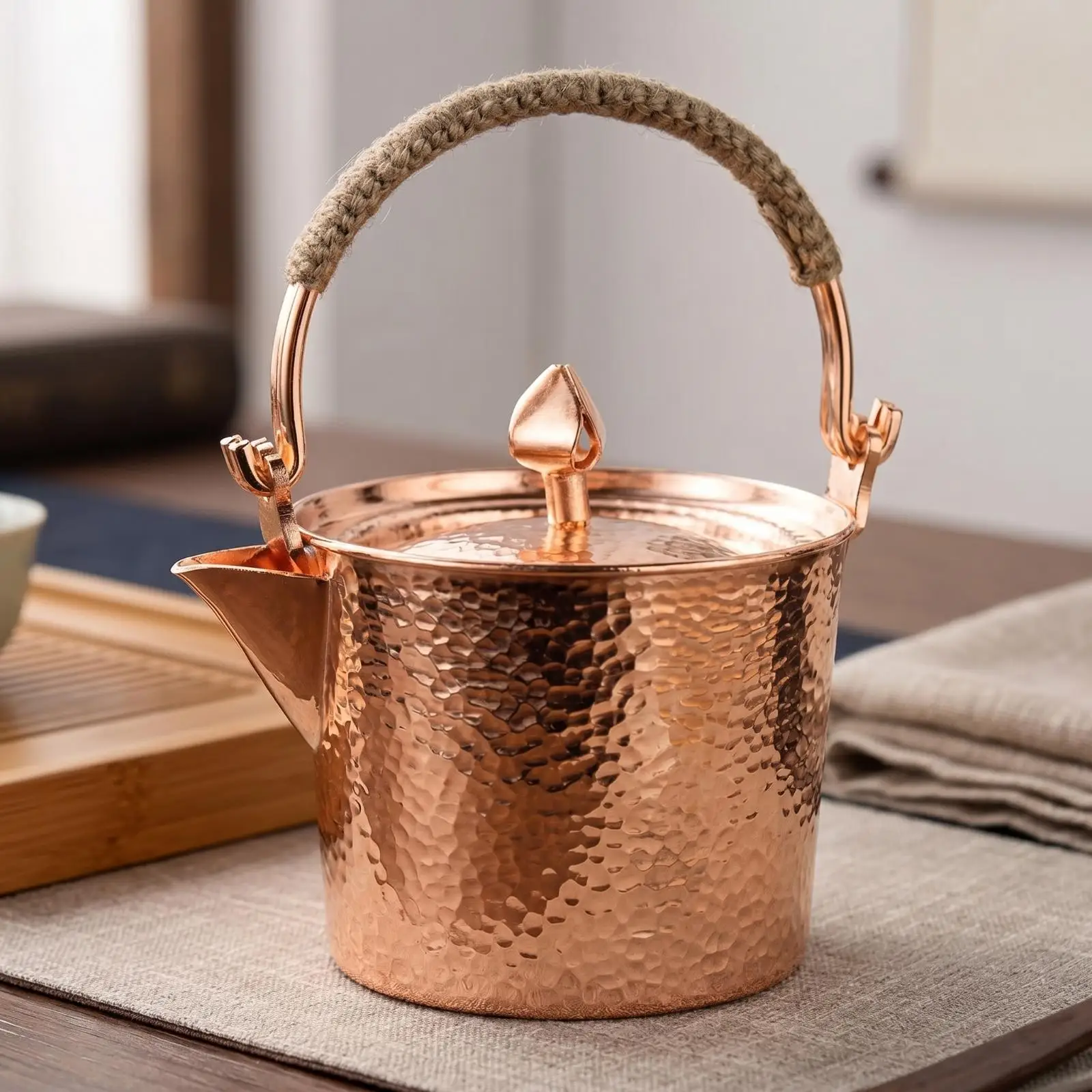 Hammered Copper Kettle Traditional Bucket Teapot for Boiling Water Stovetop Tea Maker with Hemp Rope Handle