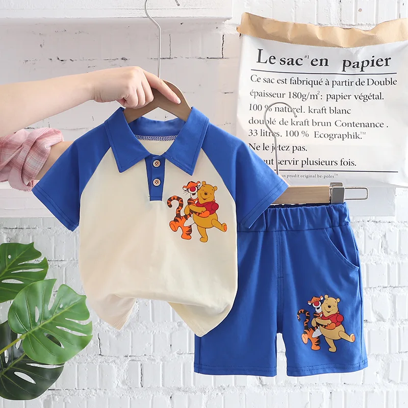 Disney Winnie The Pooh Children\'s Suit Baby Boys Girls Summer Lapel T Shirt Cartoon Shorts 2Piece Set Toddler Kids Clothing Suit