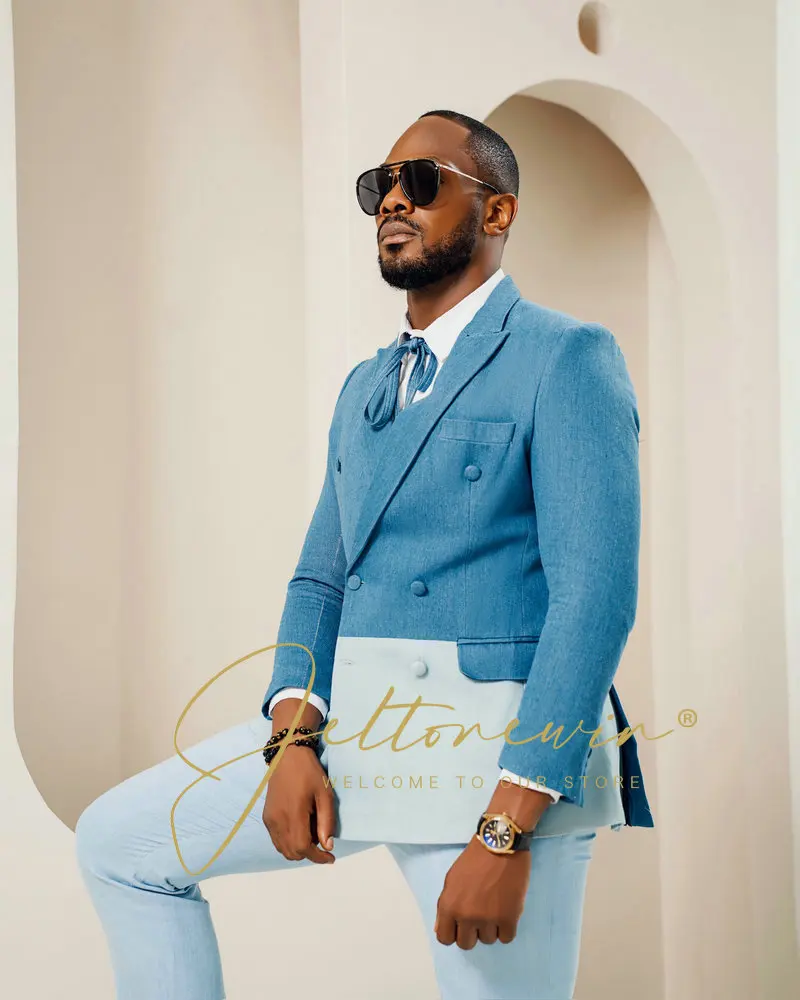 

Men's Light Blue 2 Piece Suit with Double Breasted Jacket and Contrast Waistcoat Slim Fit Fashionable Wedding Groomsmen Party Ou