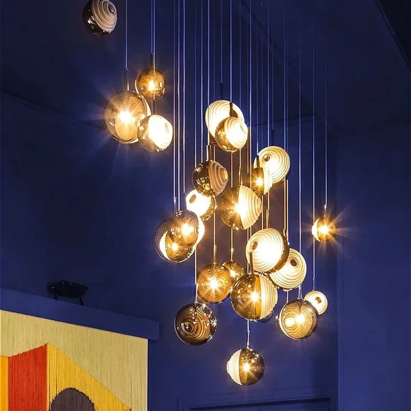 

Luxury Bubble Ball Glass long Chandelier lustre High Ceiling Hollow Layer Design LED for living room Romantic Luminaire