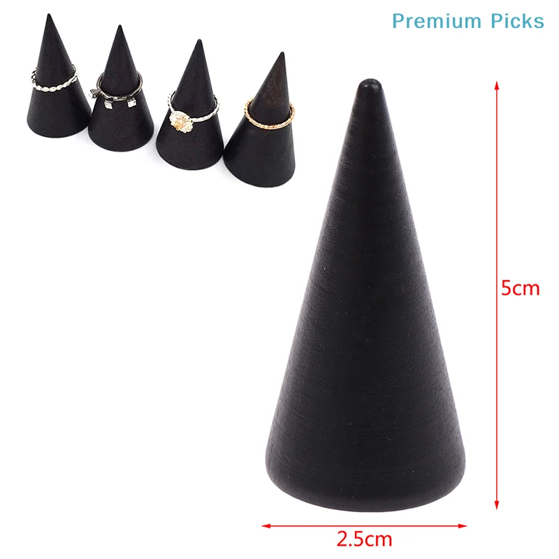 portableVintage Black Wooden Ring Holder Display Cone Rack Finger Ring Stand Organizer