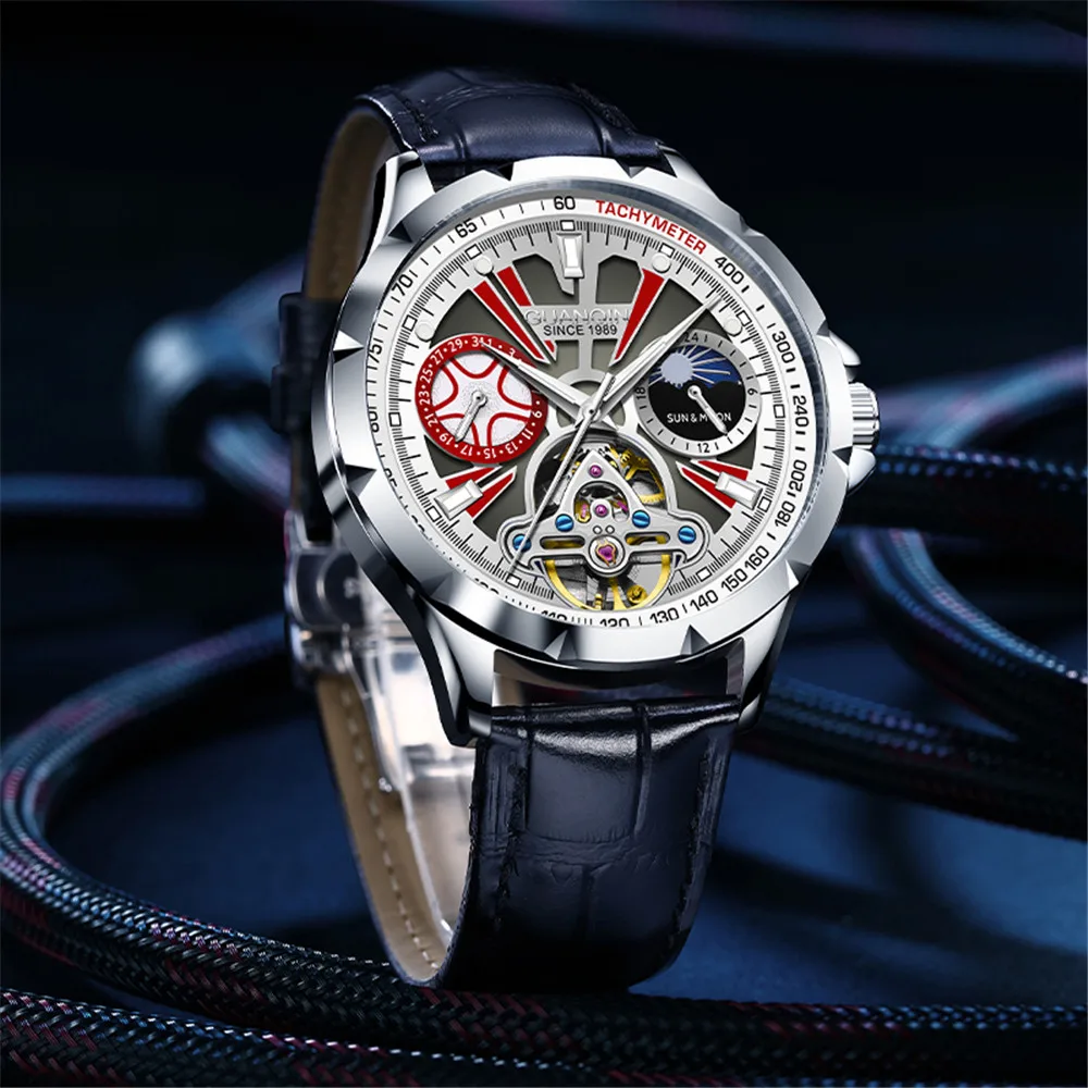 GUANQIN мужские механические часы с турбийоном и фазой Луны, роскошные наручные часы, светящийся водонепроницаемый стальной корпус, автоматические часы с сапфировым стеклом, мужские часы
