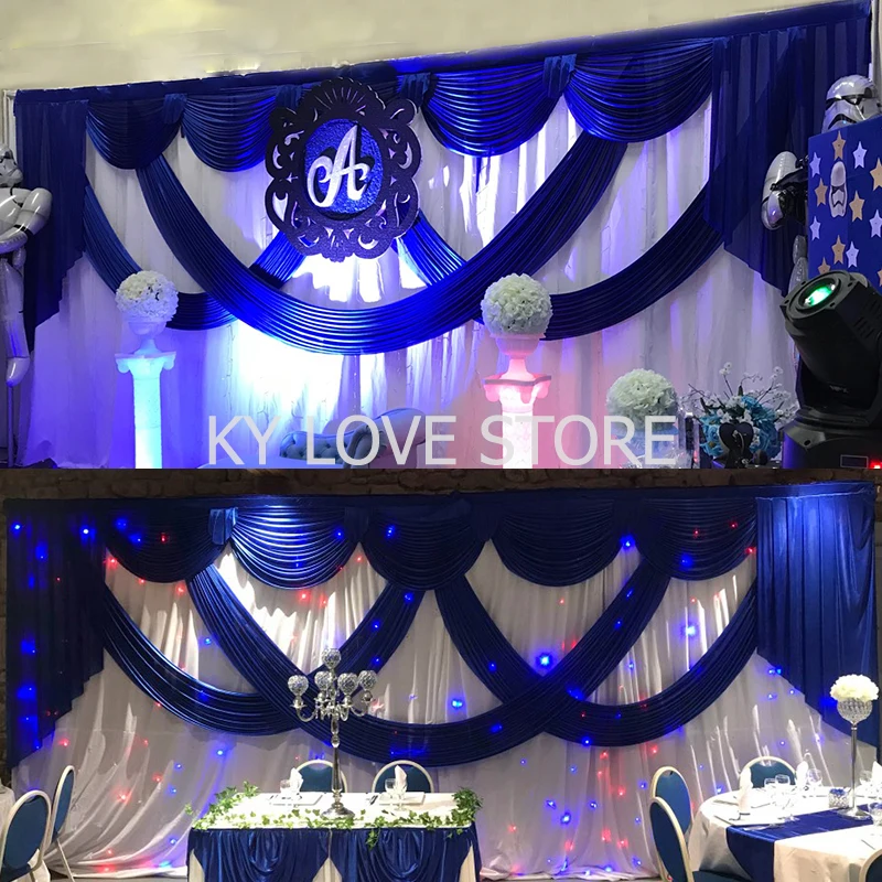 

10x20ft Ice Silk Elegant Wedding Backdrop Curtain Drape Supplies Royal Blue White Curtain Drapes Background for Party Event