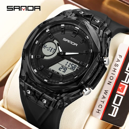 Imagen 2 del producto SANDA 6283 relojes electrónicos de cuarzo a la moda para hombre con pantalla Dual, reloj despertador luminoso para estudiantes, reloj Digital deportivo a prueba de golpes