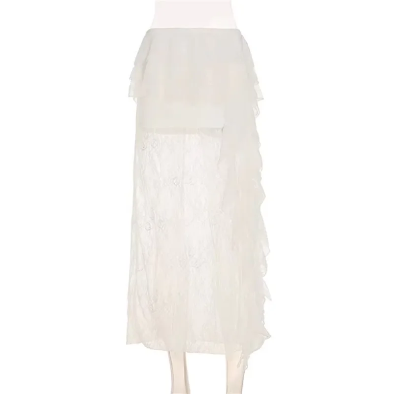 

Korean Design Sexy Lace Spliced Mesh Long Skirt For Women Ruffles Maxi Length Female Skirt High Waist Sweet Ladies Slim Skirt